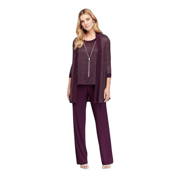 R/&M Richards Womens Two Piece Metalic Rib Pant Set Missy
